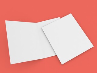 Double open brochure mockup and sheet of paper on red background .3d render illustration.