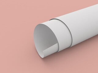 Sheet of office paper folded rolled into a roll on a orange background. 3d render illustration.