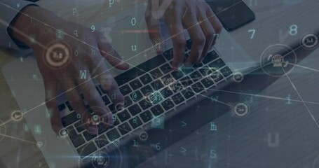 Animation of firewall disabled text and data network over hands of caucasian man using laptop