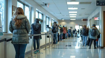 Tax Office Queue: People Waiting in Line at IRS Office - obrazy, fototapety, plakaty