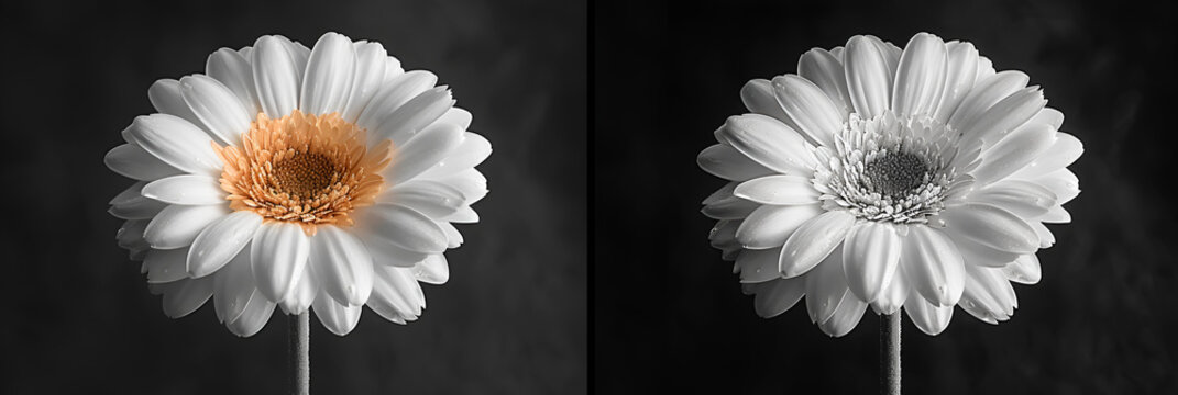 white daisies on black background, A black and white photo of a flower on a black,
Image of a solitary daisy against a dark backdrop background
