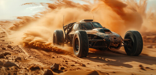 All-terrain sport car advancing in the middle of the desert - 748310957