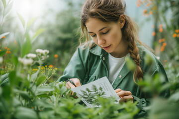 Young female botanist inspecting and recording herbal plant specimens in a botanical garden.