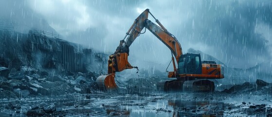 construction site in a rain day excavator