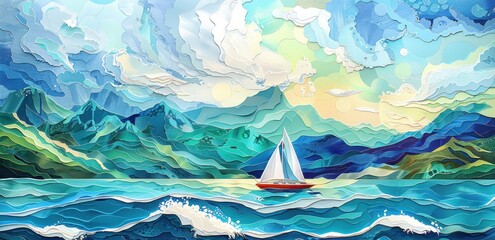 boat on the ocean painting - obrazy, fototapety, plakaty