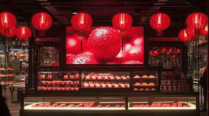 a display case in a store filled with lots of red lanterns hanging from the ceiling and hanging from the ceiling.