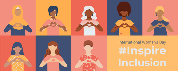 #InspireInclusion. Banner International Women's Day. Women of different ethnicities together. 8 march. Faceless isolated vector illustration. 