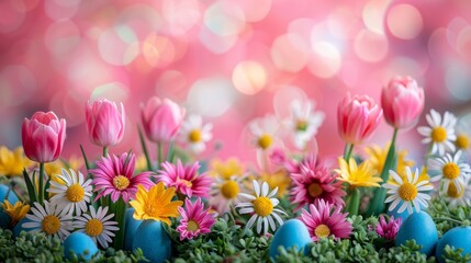 Fototapeta na wymiar Vibrant Spring Flowers Framing a Happy Easter Banner Generative AI