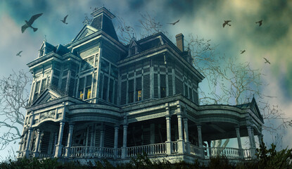 A haunting old Victorian house from a low angle