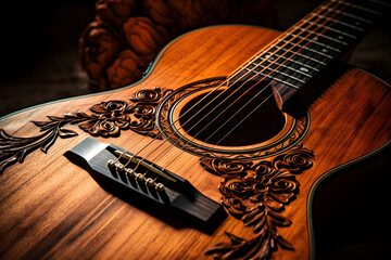 Artistry and Craftsmanship: A Superb Close-up of An Acoustic Guitar