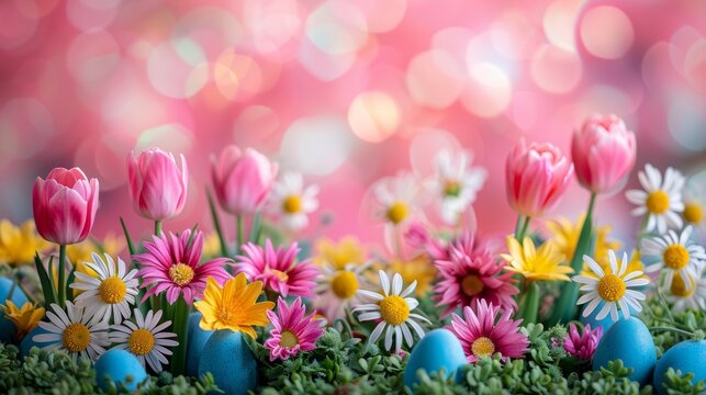 Vibrant Spring Flowers Framing a Happy Easter Banner Generative AI