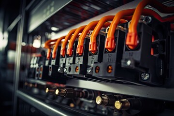 Naklejka premium Close-up of electrical connectors with orange cables in a dark, industrial setting.