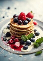Pancakes with berries, mint leaves and delicate cream on a plate in bright daylight. Shrovetide.