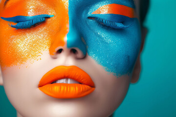 Creative colorful bright makeup in orange and blue shades. Body art, lip gloss. Fashion concept