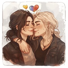 Cartoon Illustration: Young Lesbian Couple Embracing, LGBT Love Card Mockup