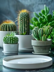 Focus on the empty white round tray in the foreground, with a small number of potted cactus plants as the background, front view, minimalist stage design, elegant and smart --ar 3:4 