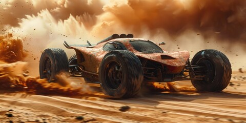 All-terrain sport car advancing in the middle of the desert