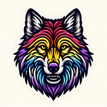 The image features a head of a snarling wolf, painted in rainbow colors.
