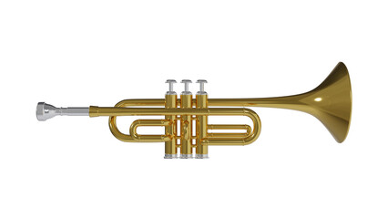 Brass trumpet isolated on transparent and white background. Music concept. 3D render