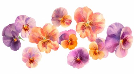 a group of purple and orange pansies on a white background with a green stem in the middle of the pansies.