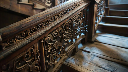 A rustic wooden handrail with intricate carvings, adding a touch of warmth to a staircase.