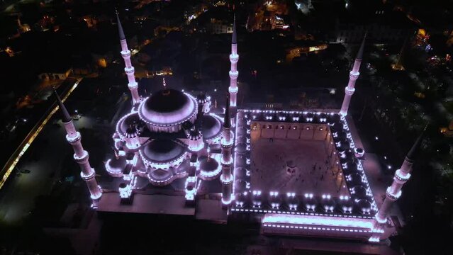 Aerial Sultanahmet Mosque (Blue Mosque) at night, in Fatih Region of Istanbul,