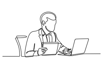 Continuous one line drawing of businessman working with laptop and documents. Continuous line style. Hand drawn. Vector design. Illustration
