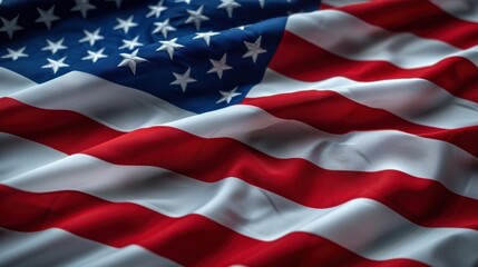 Fototapeta premium The American flag waves vigorously in the wind