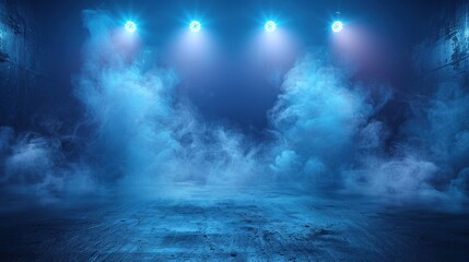 An empty stage lit with blue lights and filled with smoke