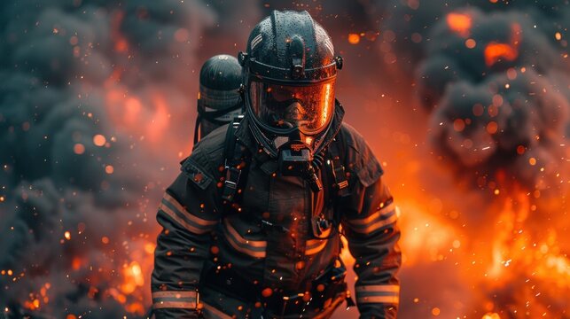 Firefighter in protective gear walks through a large, raging fire