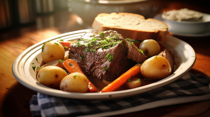 Plate of braised beef with potatoes, carrots, gravy and bread