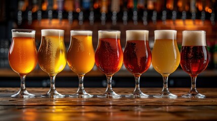 Row of glasses filled with various types of beer - obrazy, fototapety, plakaty