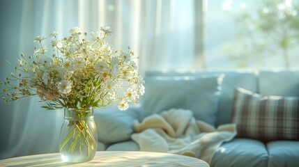 A vase filled with flowers placed on a table in front of a couch