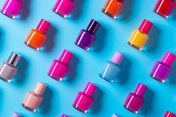 Colorful bottles of nail polish on a blue background