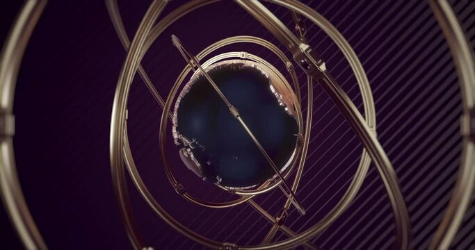 Globe with rotating golden gyroscope rings looped news background