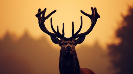 a close up of a deer with antlers on it's head in front of a foggy sky.