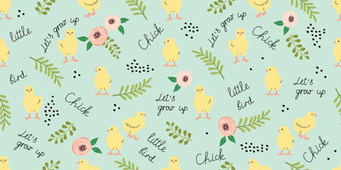 Funny seamless pattern with chick,hand lettering and floral elements.Cartoon background with cute animals,flowers,twigs,handwritten and dots.Spring summer banner template.Hand drawn illustration. 
