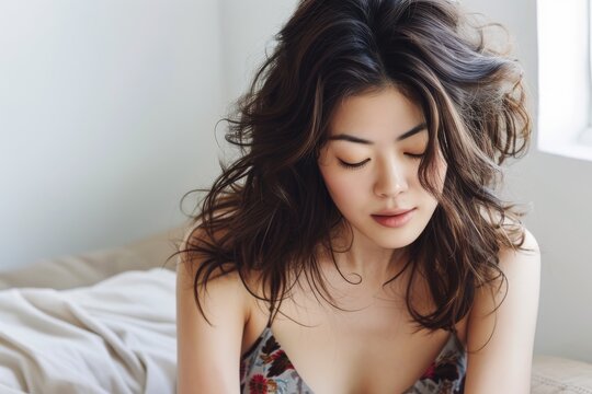 Serene Young Asian Woman in Contemplative Beauty Pose