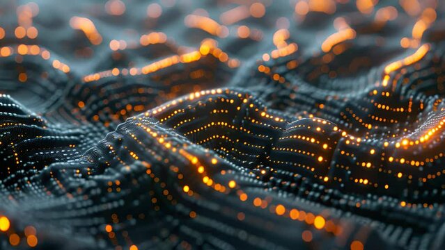 Abstract visualization of artificial intelligence algorithms with glowing orange and blue nodes on a dynamic, undulating dark surface