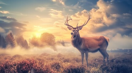 a deer standing in the middle of a field with the sun setting in the background and clouds in the sky.