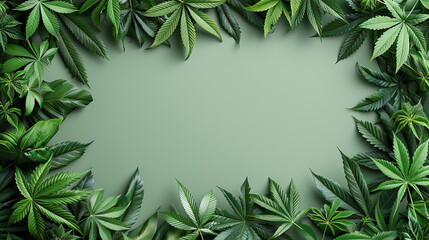 green canabis leaves framing text space in the center in painting style background - obrazy, fototapety, plakaty