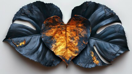 Golden Textured Monstera Leaf Illustration on Black Background Exuding Love and Romance Generative AI