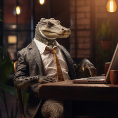 A crocodile, alligator or reptile in an expensive formal suit, like a big boss sitting in an office room with a laptop. The concept of business management.