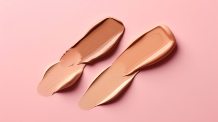 a pair of nude colored liquid lipsticks on a pink background, top view, flat lay on a pink surface.