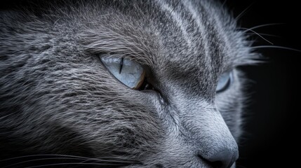 a close up of a gray cat's face with blue eyes and whiskers on it's fur.
