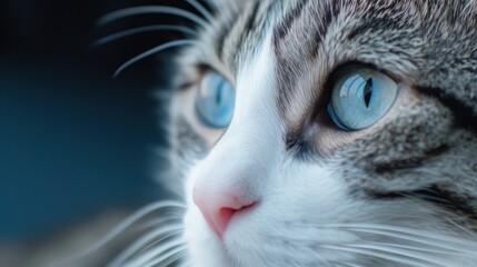a close up of a cat's face with blue eyes and whiskers on it's fur.