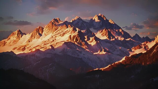 The mountains are bathed in a warm amber light making the glistening snow peaks appear even more majestic.
