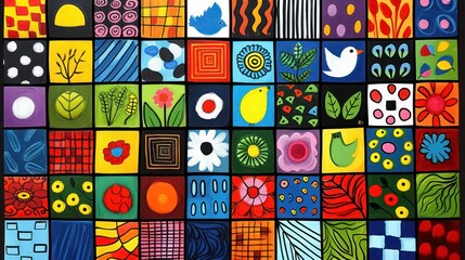 a close up of a painting of many squares of different colors and shapes with a bird on one side and a flower on the other side.