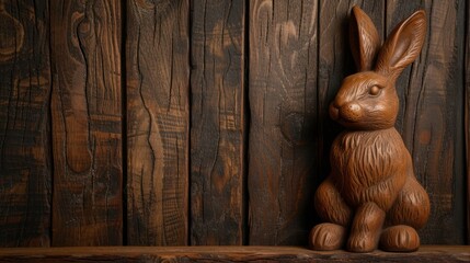 a wooden sculpture of a rabbit sitting on a shelf next to a wooden wall with a wooden planked wall behind it.