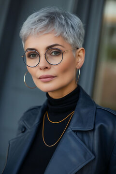 Woman with short silver pixie cut hair and round glasses, wearing a black turtleneck, leather jacket, and gold jewelry. Fashion-forward and confident, ideal for lifestyle features.